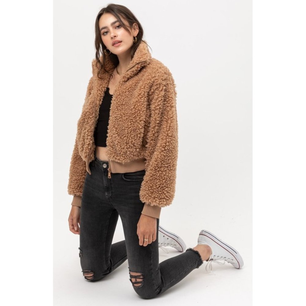 NEW Camel Cozy Soft Fluffy Fur Teddy Bomber Jacket - Picture 4 of 10